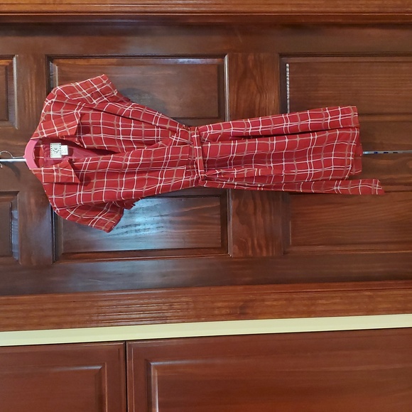 Silk Red Beige White Plaid Women's Wrap Dress Size 10 - Picture 1 of 12